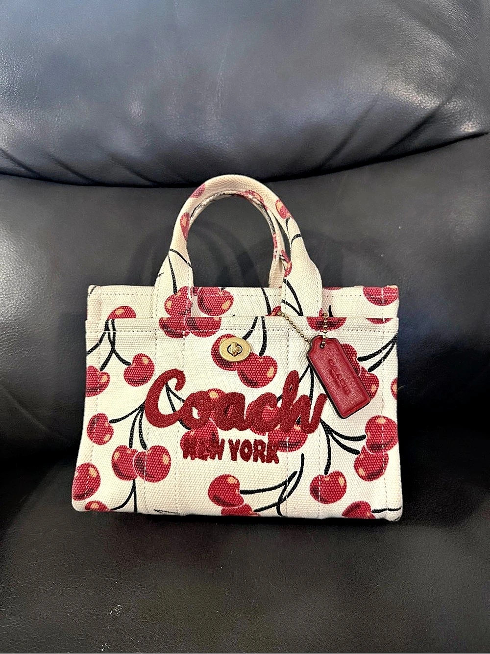 Coach Cargo Tote Bag 20 With Cherry Print Cherry Print in Cream & Red